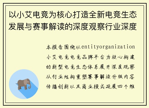 以小艾电竞为核心打造全新电竞生态发展与赛事解读的深度观察行业深度报告 以小艾电竞为核心打造全新电竞生态发展与赛事解读的深度观察行业深度报告